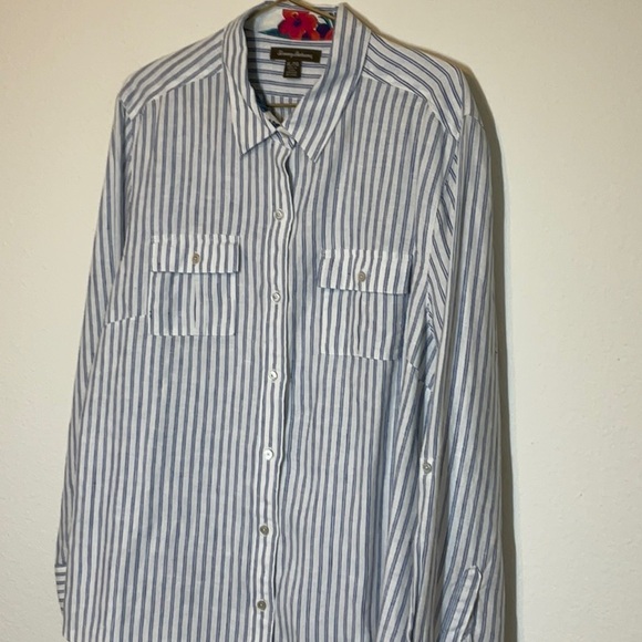 Tommy Bahama Linen Stripe Button Down Shirt XL White Blue - Picture 2 of 11